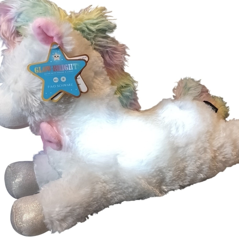 FAO Schwarz 16" Glow Brights Plush Unicorn Rainbow Mane Bow Lights Sounds NEW - Picture 9 of 9